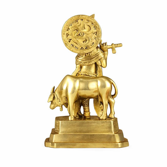 Divine Krishna Playing Flute Brass Idol with Cow (10.25 Inch)
