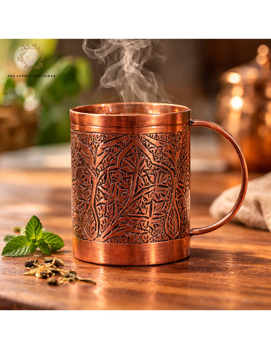 Pure Copper Engraved Mug | Hand-Etched Leaf Art | Antique Finish | Ayurvedic Drinking Cup | The Copper Craftsman (TCC)