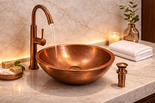 Pure Copper Vessel Sink Set | Handcrafted Basin + Faucet + Pop-up Drain | Antique Hammered Finish | Premium Bathroom Upgrade