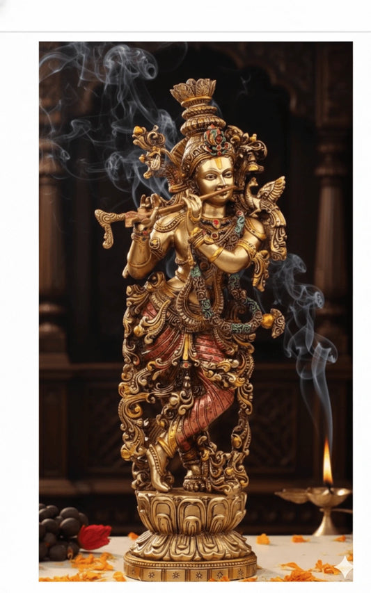 Antique Brass Krishna Standing Idol 25 Inch | Handcrafted Murti – TCC
