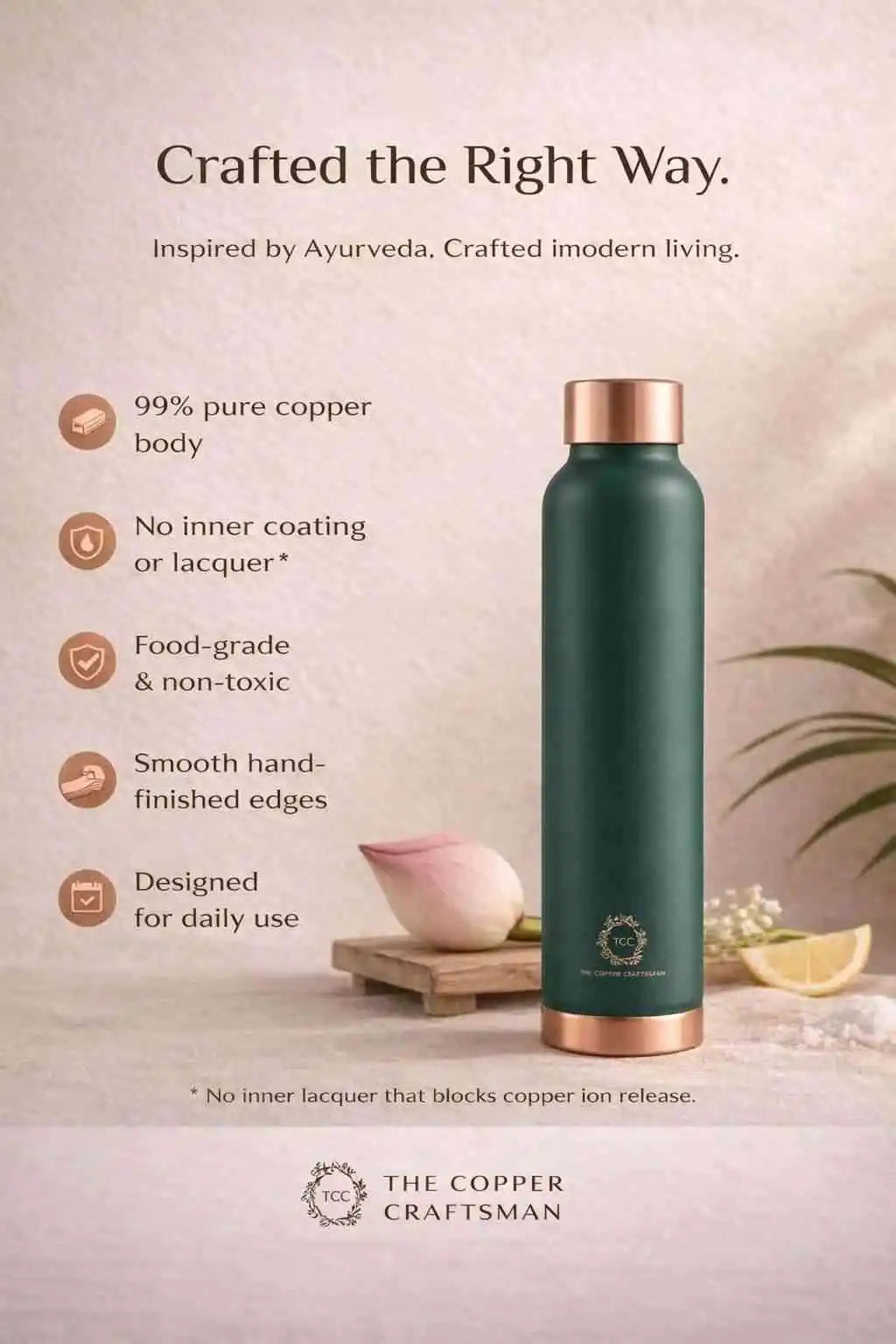 Copper water bottle 1 litre for Improved  Immunity & Digestion (BPA Free)