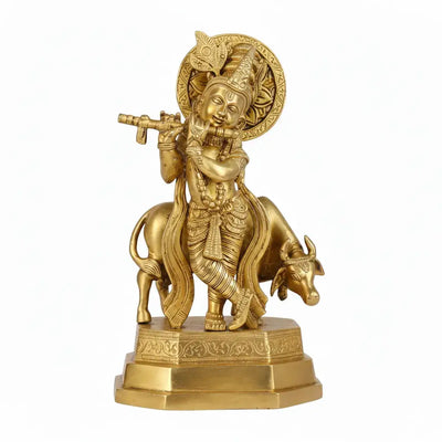Divine Krishna Playing Flute Brass Idol with Cow (10.25 Inch)