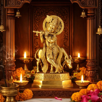 Divine Krishna Playing Flute Brass Idol with Cow (10.25 Inch)