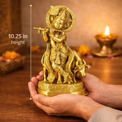 Divine Krishna Playing Flute Brass Idol with Cow (10.25 Inch)