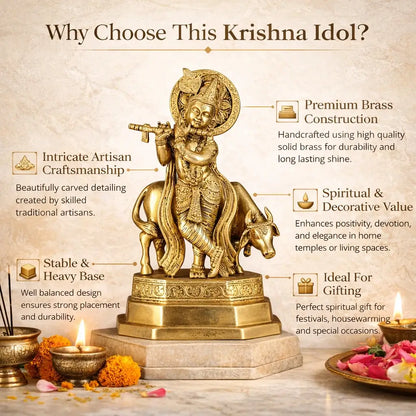 Divine Krishna Playing Flute Brass Idol with Cow (10.25 Inch)