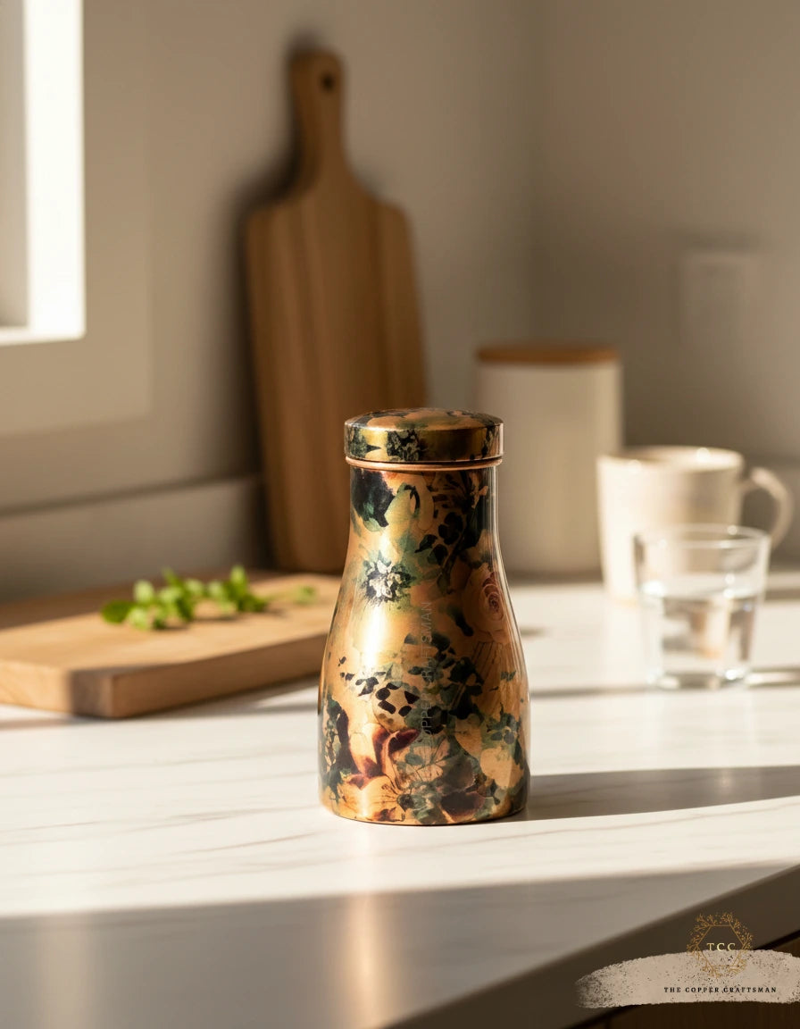 Decorative bottle on a kitchen counter with a blurred background
