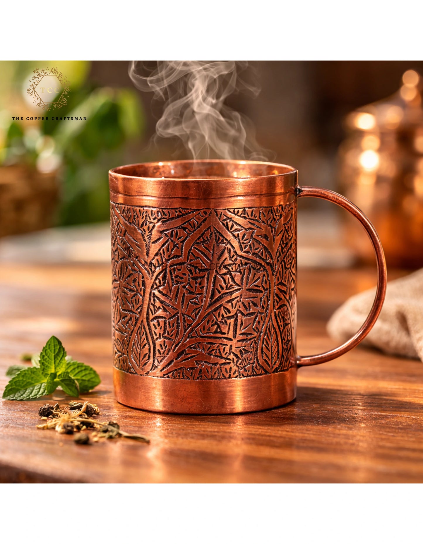 Hand-Engraved Kashmiri Copper Mug (Pure Copper | Ayurvedic Drinking Cup | Antique Finish)