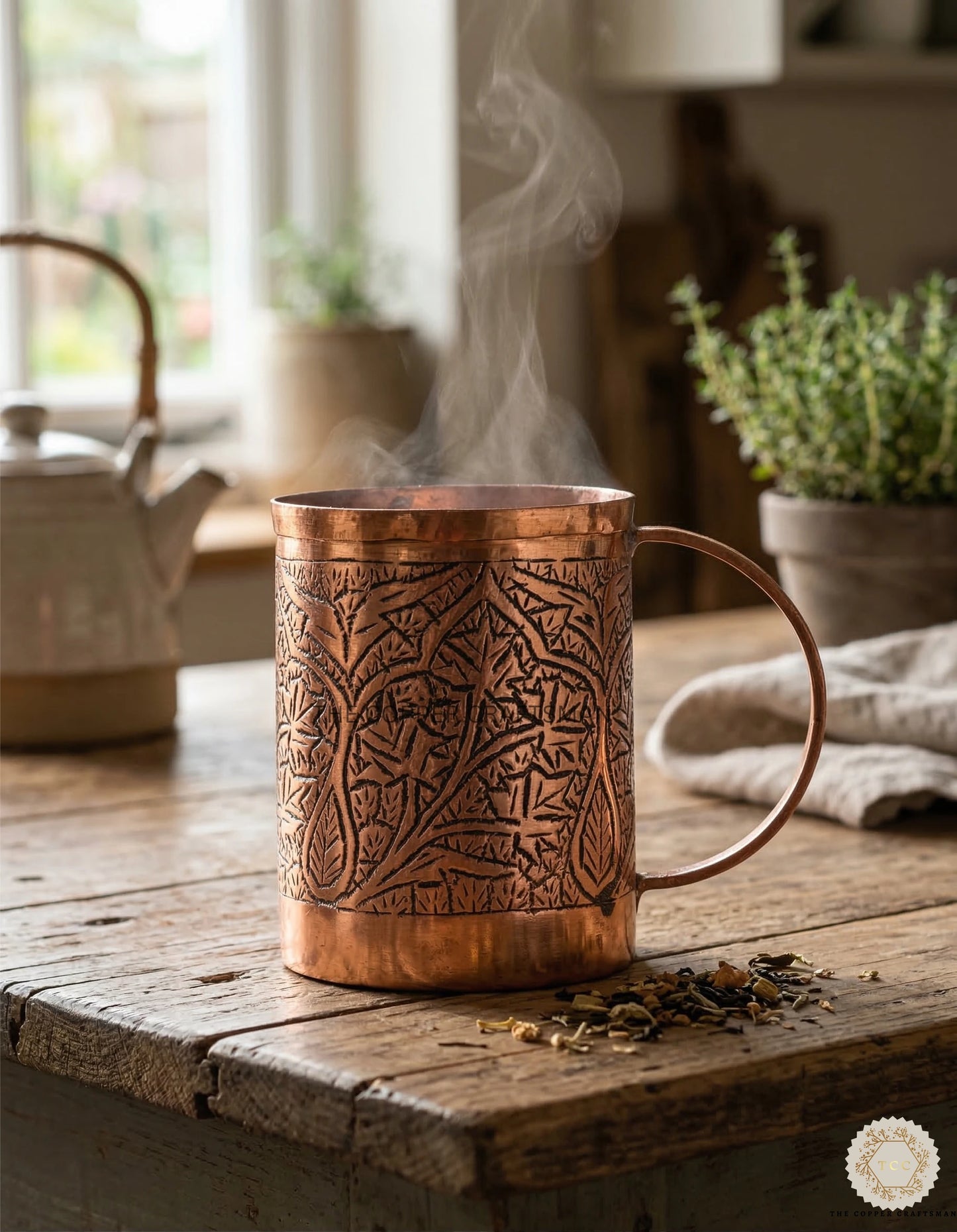 Hand-Engraved Kashmiri Copper Mug (Pure Copper | Ayurvedic Drinking Cup | Antique Finish)