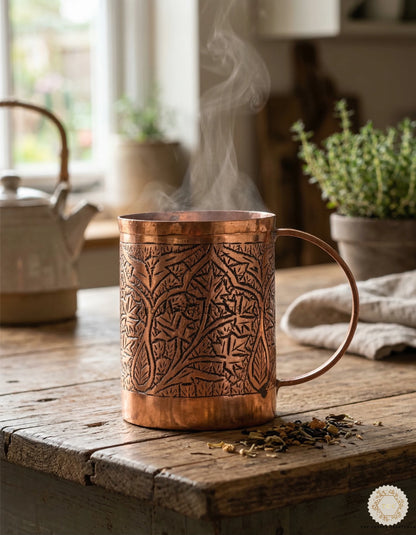 Hand-Engraved Kashmiri Copper Mug (Pure Copper | Ayurvedic Drinking Cup | Antique Finish)