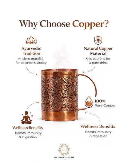 Hand-Engraved Kashmiri Copper Mug (Pure Copper | Ayurvedic Drinking Cup | Antique Finish)
