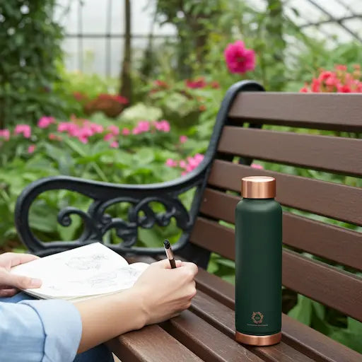 Person reading a book with a copper water bottle on a bench in a garden
