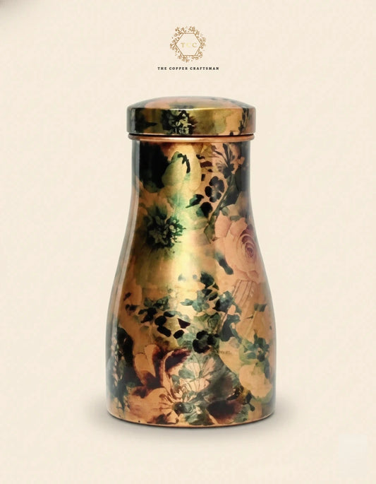 Decorative tea canister with floral patterns on a beige background