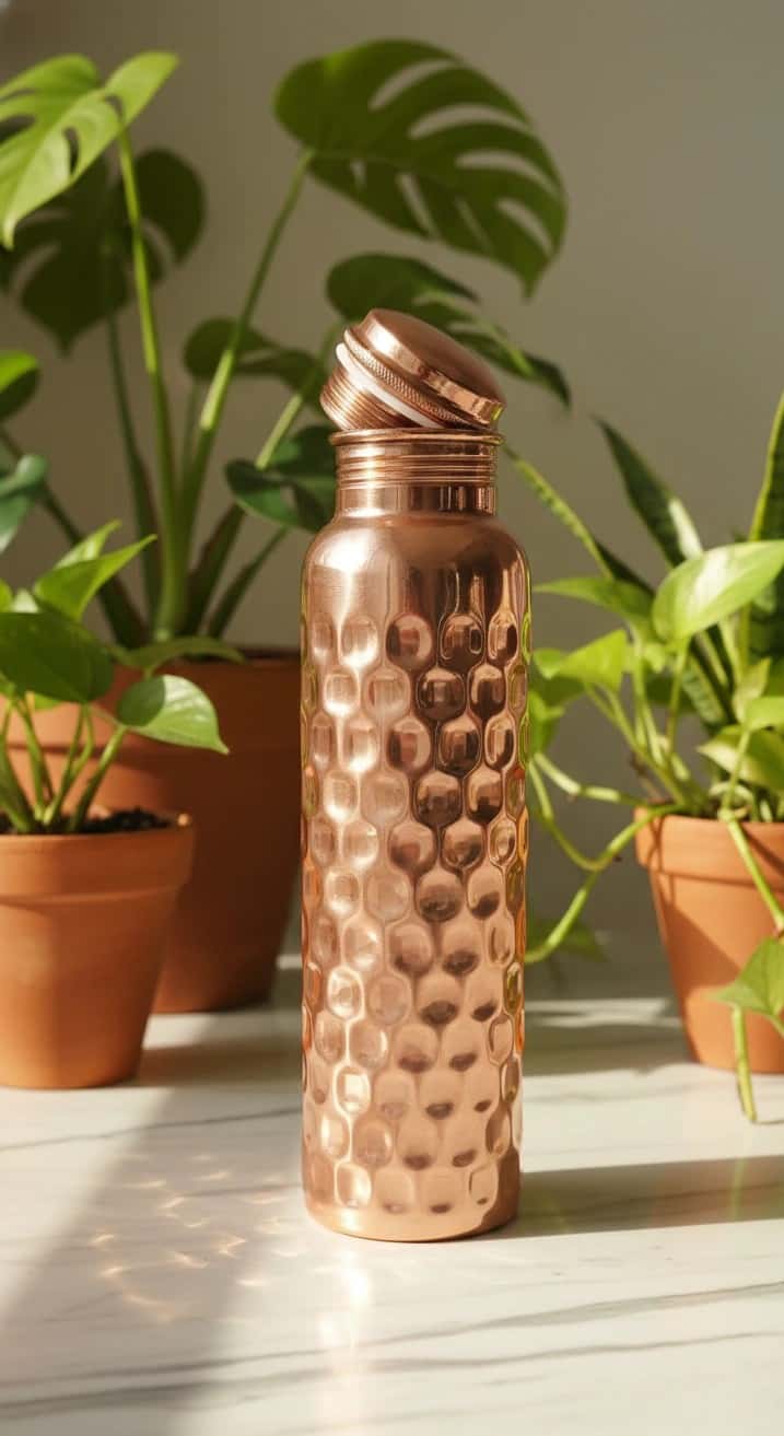 Diamond Honeycomb Pure Copper Water Bottle – 1000 ML | Handcrafted Leak-Resistant Copper Bottle for Daily & Traditional Water Storage