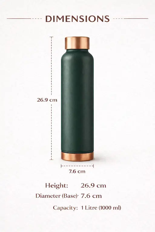 Green water bottle with copper cap and measurements on a white background