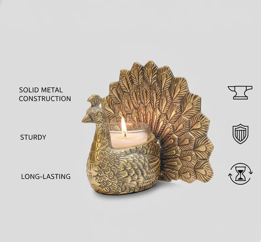 Golden Aluminium Dancing Peacock Showpiece with Scented Candle (18.5 cm)