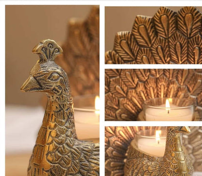 Golden Aluminium Dancing Peacock Showpiece with Scented Candle (18.5 cm)