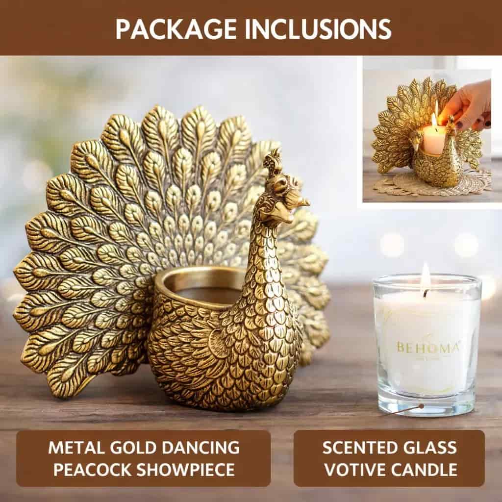 Golden Aluminium Dancing Peacock Showpiece with Scented Candle (18.5 cm)