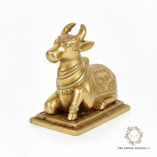 Premium Solid Brass Nandi Idol – 5 Inch Lotus Engraved Sacred Nandi Murti for Pooja Room, Home Décor & Spiritual Gifting