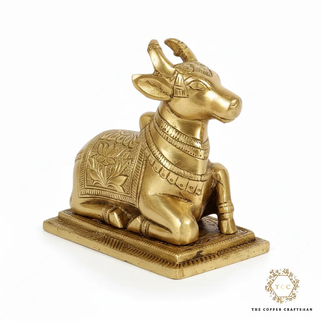 Premium Solid Brass Nandi Idol – 5 Inch Lotus Engraved Sacred Nandi Murti for Pooja Room, Home Décor & Spiritual Gifting