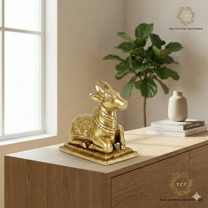 Premium Solid Brass Nandi Idol – 5 Inch Lotus Engraved Sacred Nandi Murti for Pooja Room, Home Décor & Spiritual Gifting