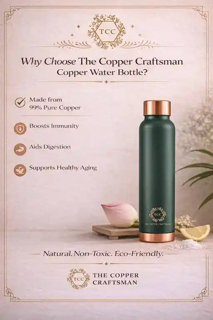 The copper craftsman Copper water bottle with features text on a light background