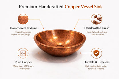 Pure Copper Vessel Sink Set | Handcrafted Basin + Faucet + Pop-up Drain | Antique Hammered Finish | Premium Bathroom Upgrade