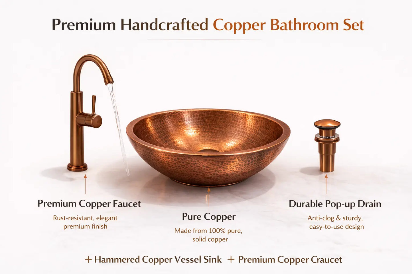 Pure Copper Vessel Sink Set | Handcrafted Basin + Faucet + Pop-up Drain | Antique Hammered Finish | Premium Bathroom Upgrade