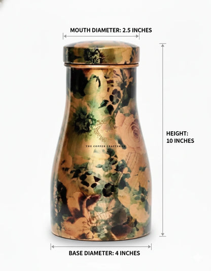 Decorative copper container with floral patterns and measurements on a white background
