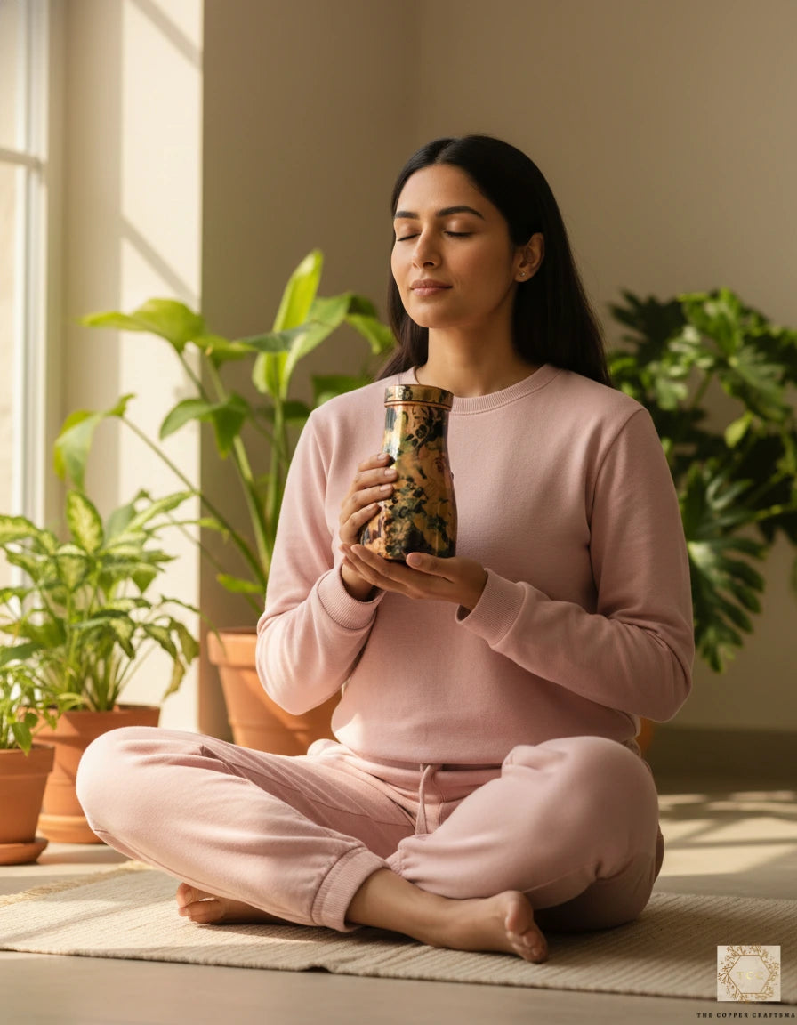 Woman in pink sweatshirt and pants sitting cross-legged on a mat, holding a mug with plants in the background.