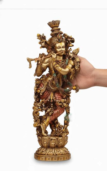 Brass Krishna Standing Idol for Home Mandir – Handcrafted Antique Finish (14 Inch)