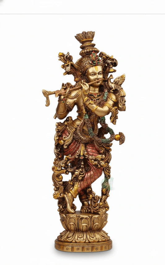 Antique Brass Krishna Standing Idol 25 Inch | Handcrafted Murti – TCC