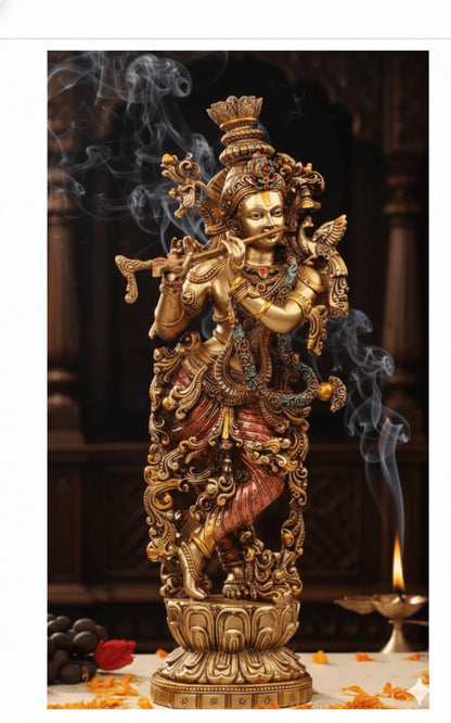 Antique Brass Krishna Standing Idol 25 Inch | Handcrafted Murti – TCC